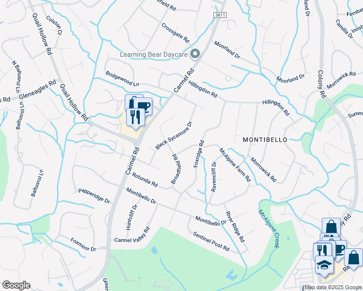 map of restaurants, bars, coffee shops, grocery stores, and more near 5800 McAlpine Farm Road in Charlotte