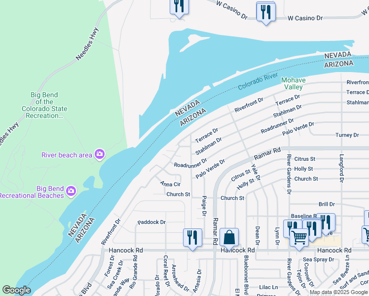 map of restaurants, bars, coffee shops, grocery stores, and more near 208 Riverfront Drive in Bullhead City