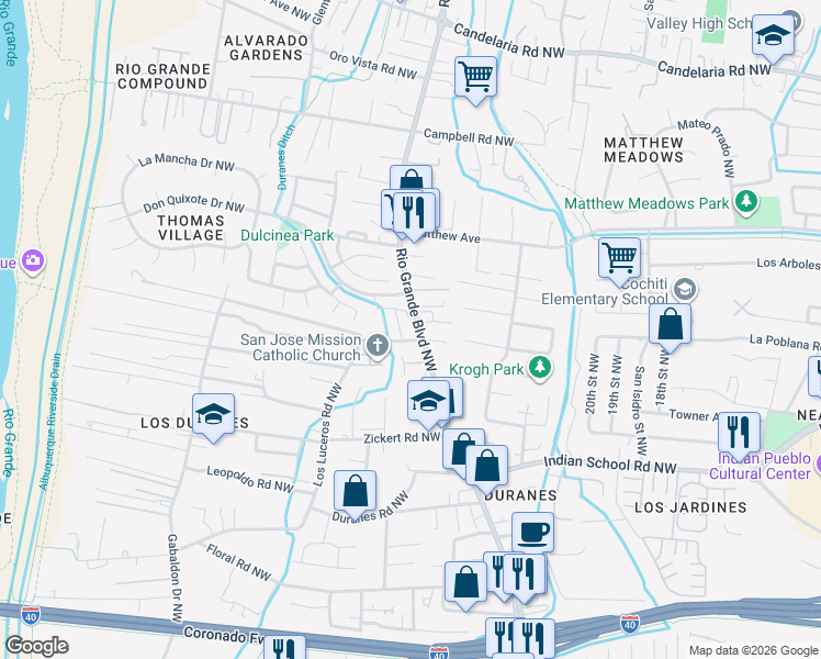 map of restaurants, bars, coffee shops, grocery stores, and more near 2417 Los Anayas Road Northwest in Albuquerque