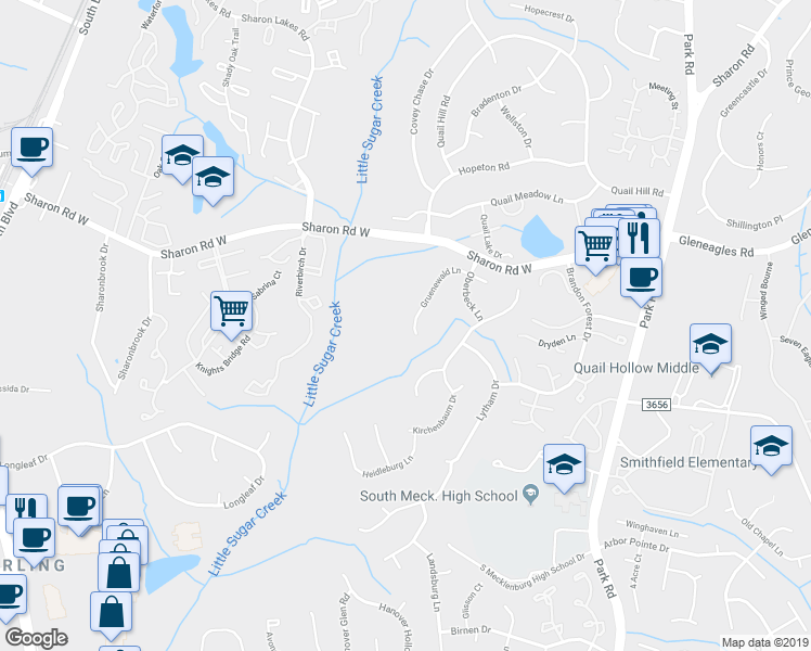 map of restaurants, bars, coffee shops, grocery stores, and more near 8824 Gruenewald Lane in Charlotte