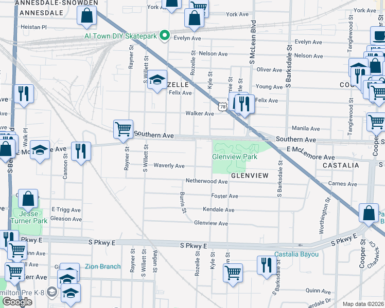 map of restaurants, bars, coffee shops, grocery stores, and more near 1144 Rozelle Street in Memphis