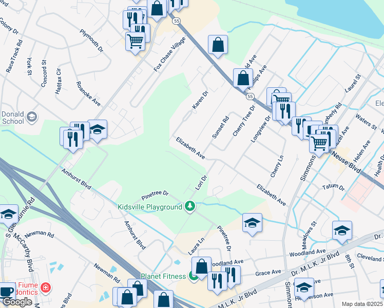 map of restaurants, bars, coffee shops, grocery stores, and more near 2611 Elizabeth Avenue in New Bern