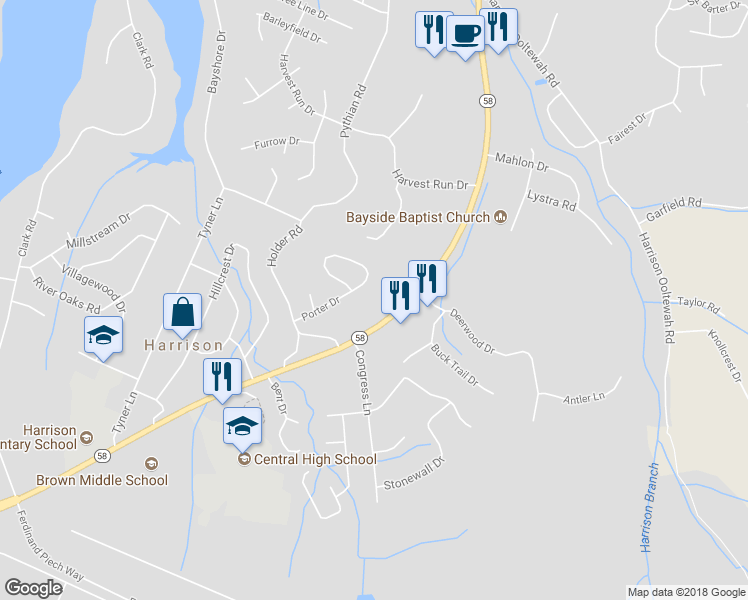 map of restaurants, bars, coffee shops, grocery stores, and more near 5921 Tennessee 58 in Harrison