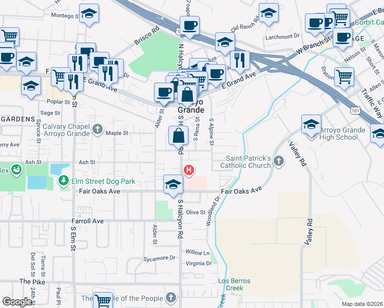 map of restaurants, bars, coffee shops, grocery stores, and more near 805 Dodson Way in Arroyo Grande