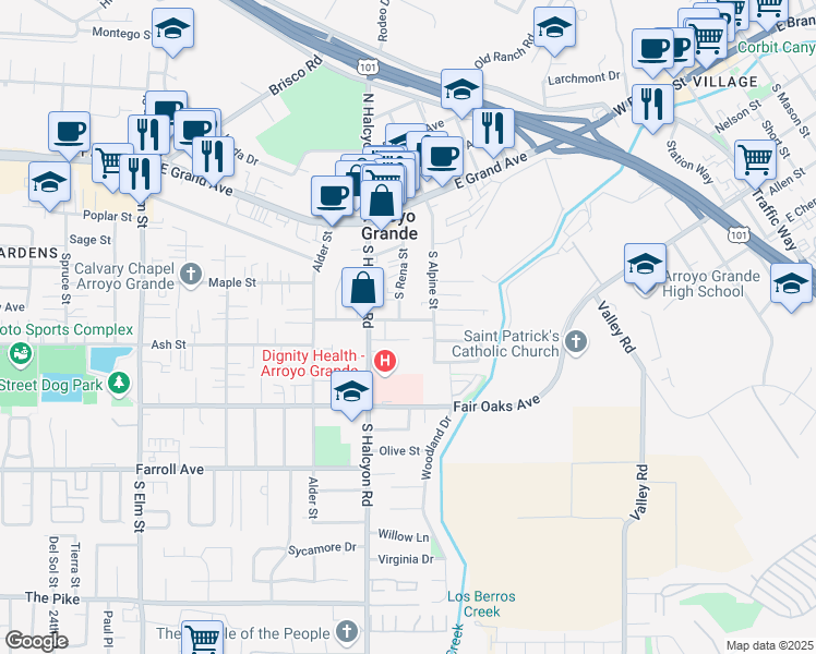 map of restaurants, bars, coffee shops, grocery stores, and more near 793 Dodson Way in Arroyo Grande