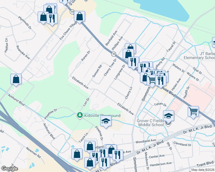 map of restaurants, bars, coffee shops, grocery stores, and more near 1003 Longview Drive in New Bern