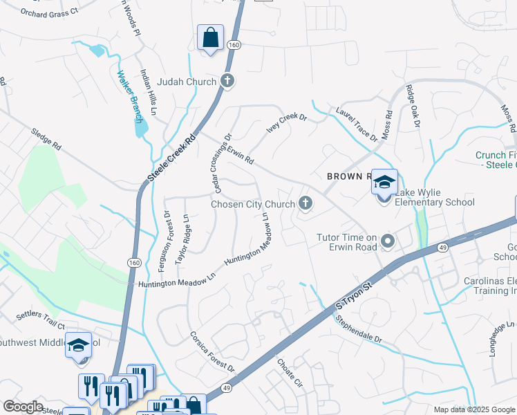 map of restaurants, bars, coffee shops, grocery stores, and more near 11137 Huntington Meadow Lane in Charlotte