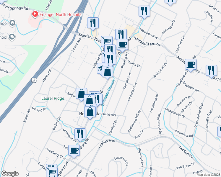 map of restaurants, bars, coffee shops, grocery stores, and more near 3612 Dayton Boulevard in Chattanooga
