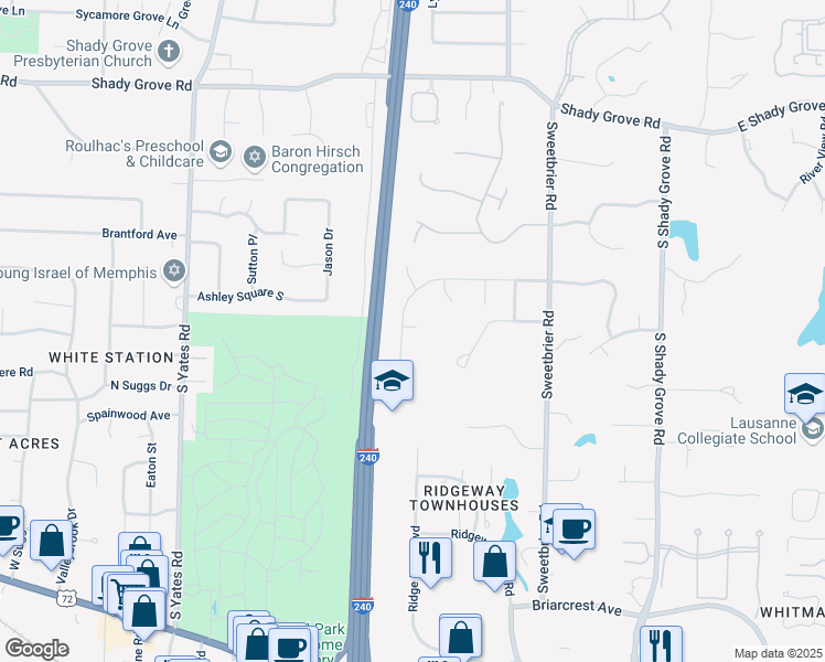 map of restaurants, bars, coffee shops, grocery stores, and more near 588 Harwood Cove in Memphis