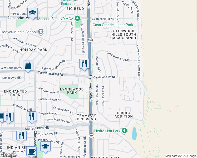 map of restaurants, bars, coffee shops, grocery stores, and more near 2916 Palo Alto Drive Northeast in Albuquerque