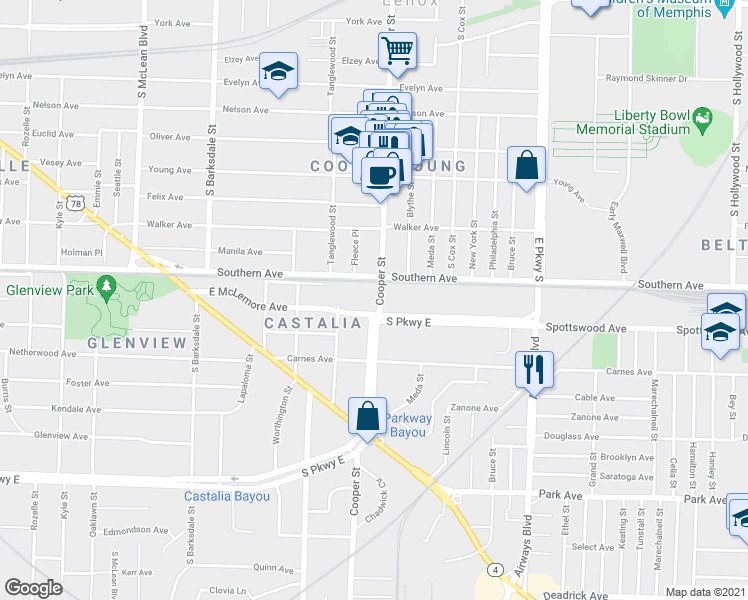 map of restaurants, bars, coffee shops, grocery stores, and more near 1133 Cooper Street in Memphis