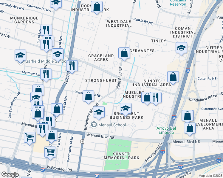 map of restaurants, bars, coffee shops, grocery stores, and more near 2901 Edith Boulevard Northeast in Albuquerque