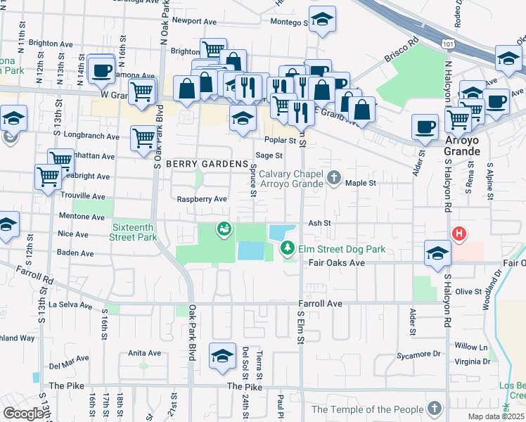 map of restaurants, bars, coffee shops, grocery stores, and more near 1280 Ash Street in Arroyo Grande