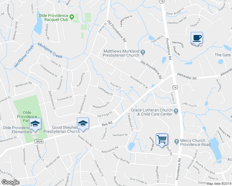 map of restaurants, bars, coffee shops, grocery stores, and more near 6612 Castlegate Drive in Charlotte
