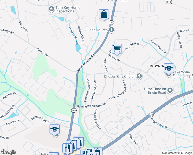 map of restaurants, bars, coffee shops, grocery stores, and more near 12712 Wither Steele Court in Charlotte
