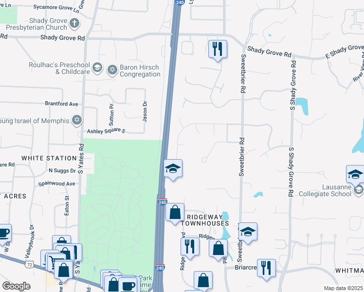 map of restaurants, bars, coffee shops, grocery stores, and more near 588 Harwood Cove in Memphis