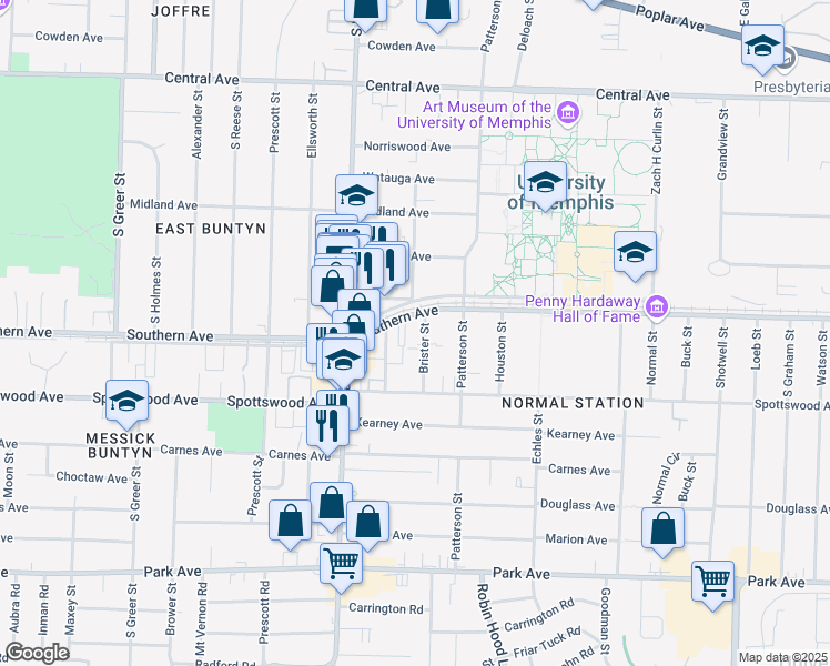 map of restaurants, bars, coffee shops, grocery stores, and more near 609 Brister Street in Memphis