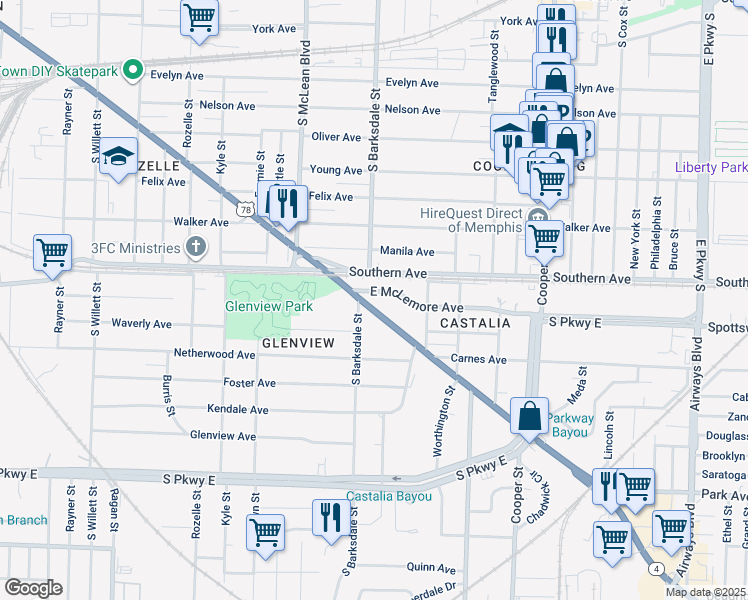 map of restaurants, bars, coffee shops, grocery stores, and more near 1911 U.S. 78 in Memphis