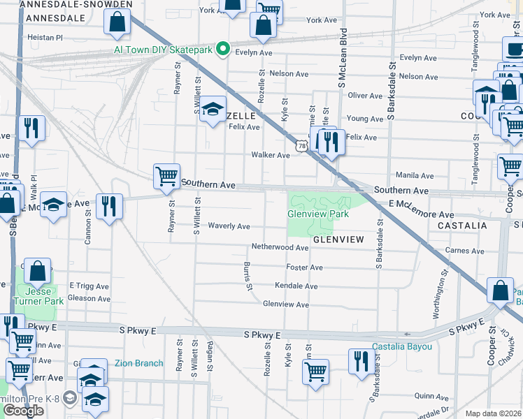 map of restaurants, bars, coffee shops, grocery stores, and more near 1144 Rozelle Street in Memphis