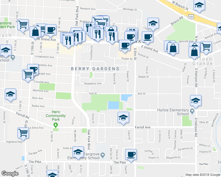 map of restaurants, bars, coffee shops, grocery stores, and more near 264 Spruce Street in Arroyo Grande