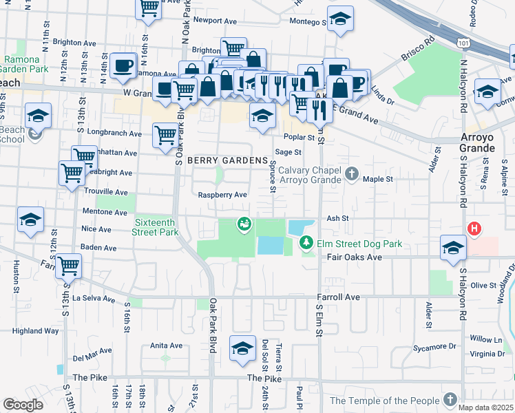 map of restaurants, bars, coffee shops, grocery stores, and more near 1290 Ash Street in Arroyo Grande