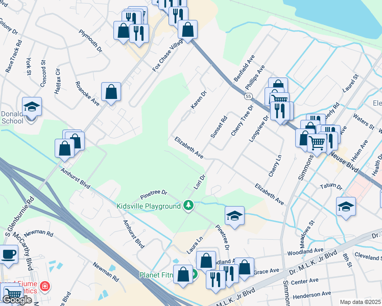 map of restaurants, bars, coffee shops, grocery stores, and more near 2611 Elizabeth Avenue in New Bern
