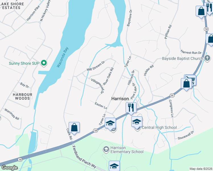 map of restaurants, bars, coffee shops, grocery stores, and more near 9202 River Oaks Road in Harrison