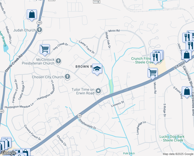 map of restaurants, bars, coffee shops, grocery stores, and more near 13620 Erwin Road in Charlotte