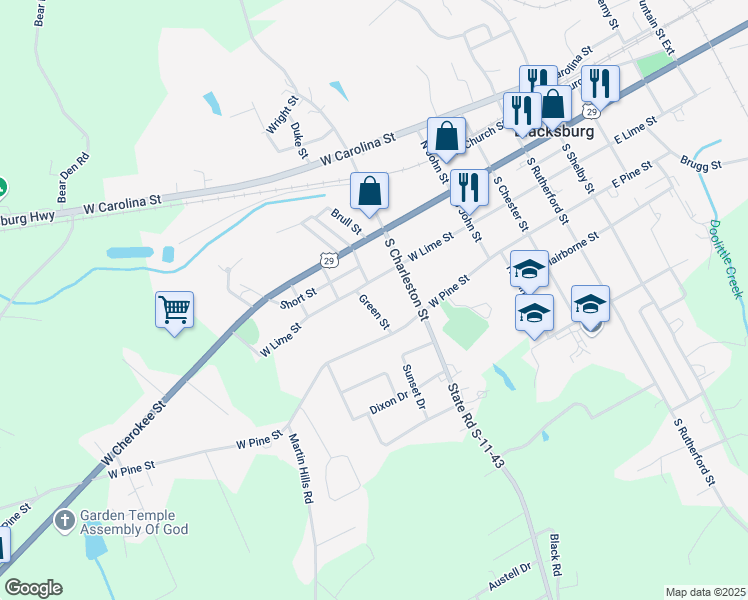map of restaurants, bars, coffee shops, grocery stores, and more near 123 Green Street in Blacksburg