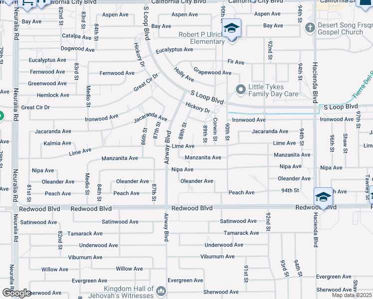 map of restaurants, bars, coffee shops, grocery stores, and more near 8849 Manzanita Avenue in California City
