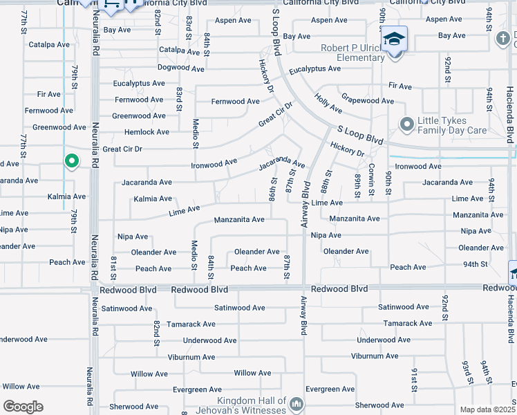 map of restaurants, bars, coffee shops, grocery stores, and more near 8560 Lime Avenue in California City