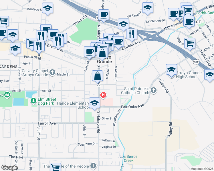 map of restaurants, bars, coffee shops, grocery stores, and more near 291 South Halcyon Road in Arroyo Grande