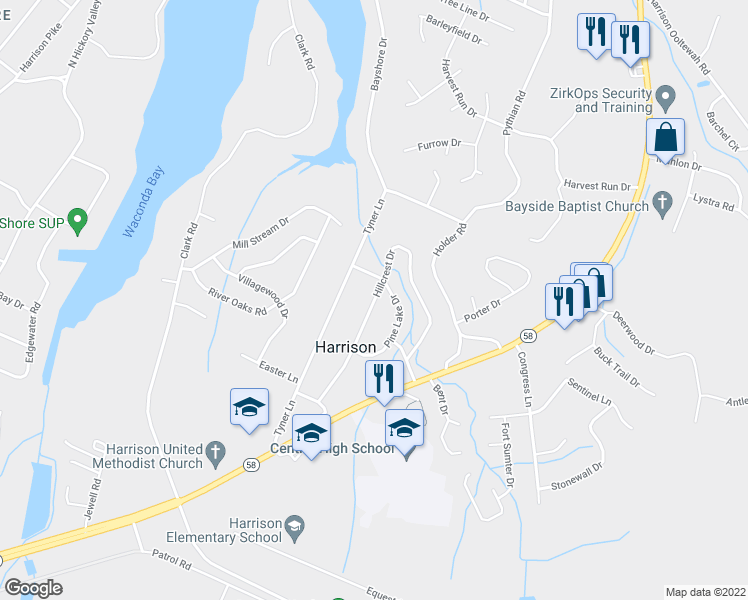 map of restaurants, bars, coffee shops, grocery stores, and more near Hillcrest Drive in Harrison