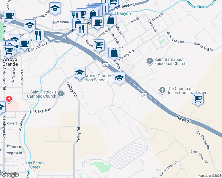 map of restaurants, bars, coffee shops, grocery stores, and more near 602 Orchard Street in Arroyo Grande