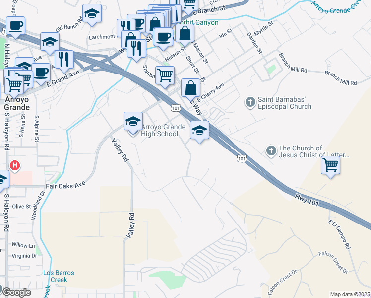 map of restaurants, bars, coffee shops, grocery stores, and more near 602 Orchard Street in Arroyo Grande