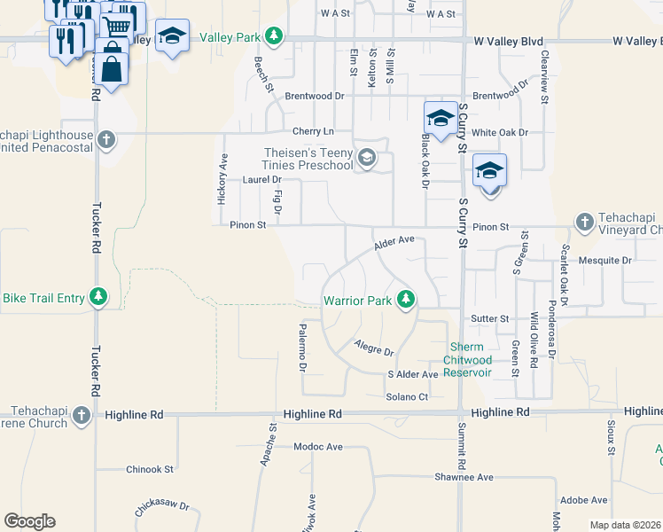map of restaurants, bars, coffee shops, grocery stores, and more near 1227 Miranda Court in Tehachapi