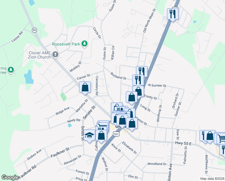 map of restaurants, bars, coffee shops, grocery stores, and more near 223 Church Street in Clover