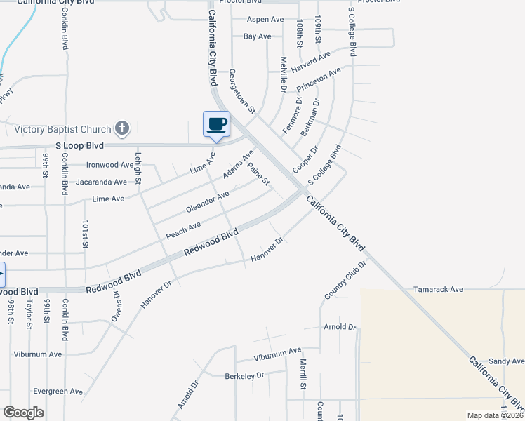 map of restaurants, bars, coffee shops, grocery stores, and more near Redwood Boulevard in California City