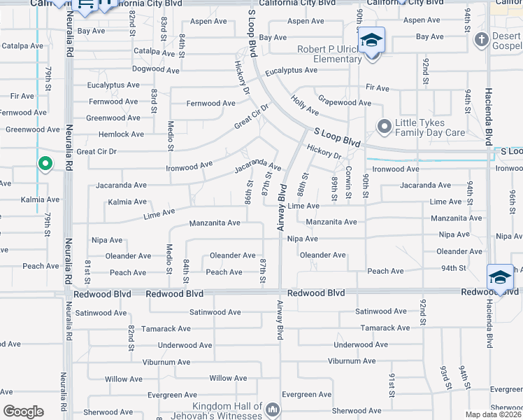 map of restaurants, bars, coffee shops, grocery stores, and more near 8648 Lime Avenue in California City