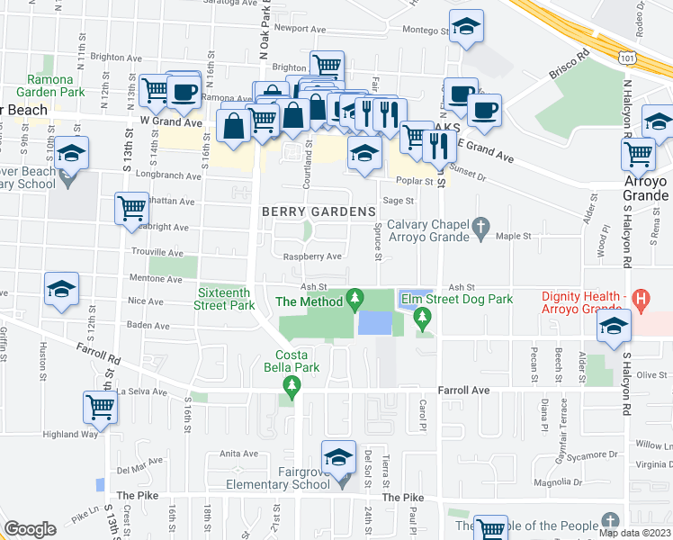map of restaurants, bars, coffee shops, grocery stores, and more near 1445 Jasmine Place in Arroyo Grande