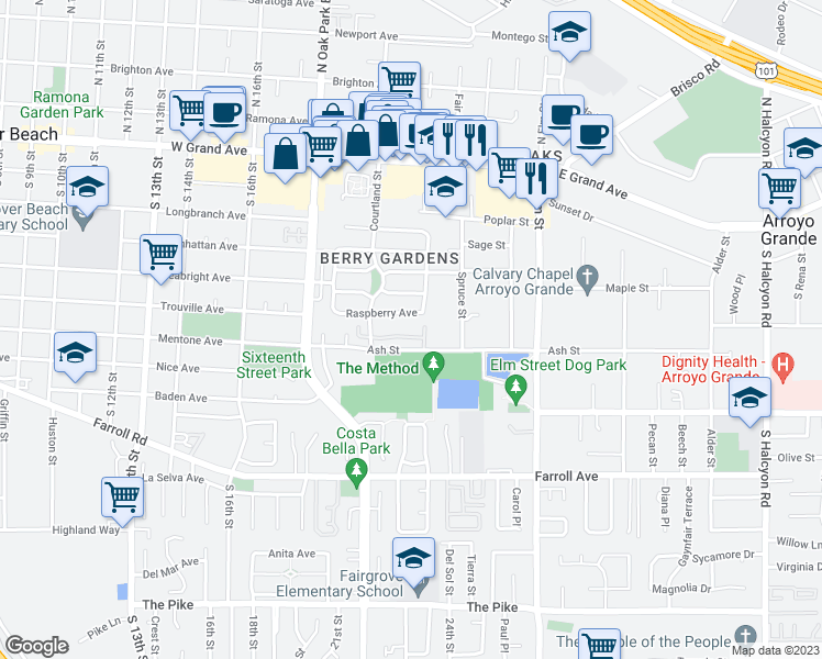 map of restaurants, bars, coffee shops, grocery stores, and more near 1338 Jasmine Place in Arroyo Grande