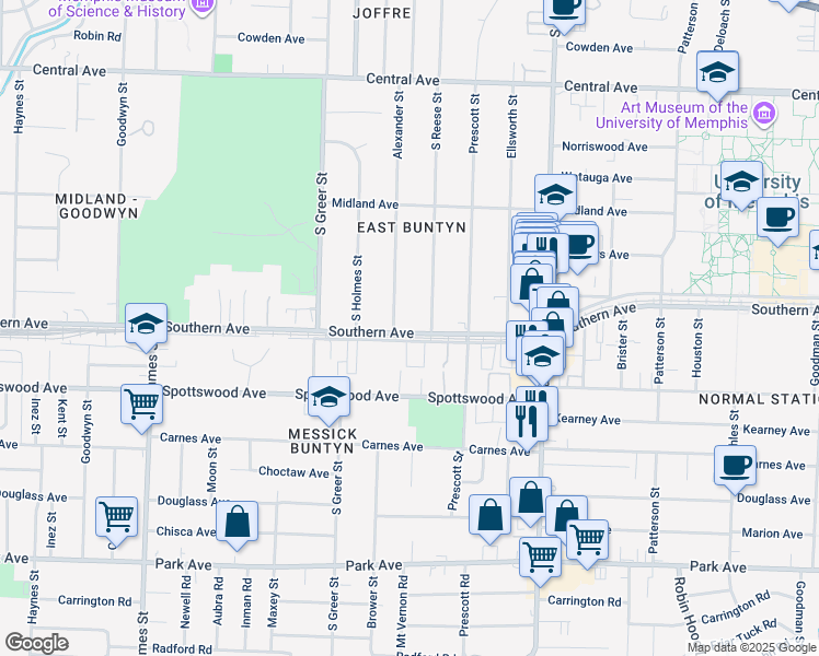 map of restaurants, bars, coffee shops, grocery stores, and more near in Memphis