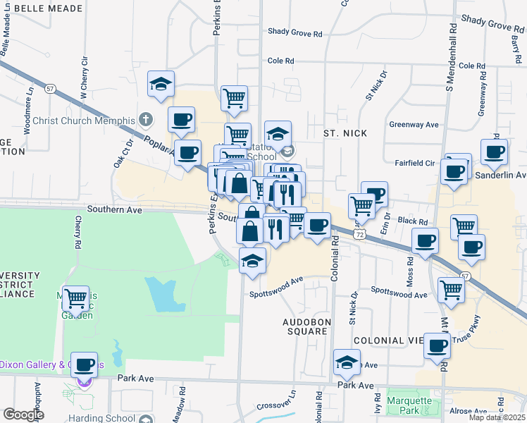 map of restaurants, bars, coffee shops, grocery stores, and more near 600 South Perkins Road in Memphis