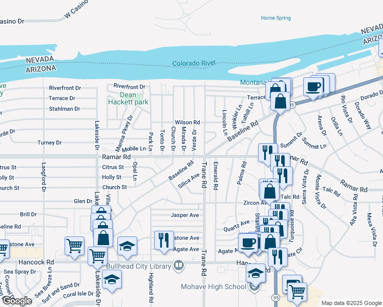 map of restaurants, bars, coffee shops, grocery stores, and more near 1246 Ramar Road in Bullhead City