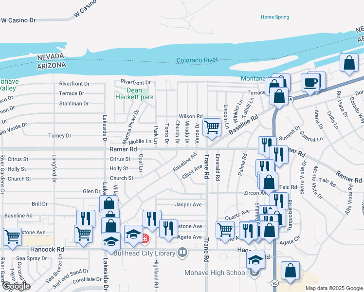 map of restaurants, bars, coffee shops, grocery stores, and more near 1212 Ramar Road in Bullhead City