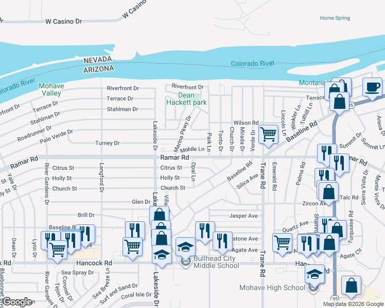 map of restaurants, bars, coffee shops, grocery stores, and more near 1086 Ramar Road in Bullhead City