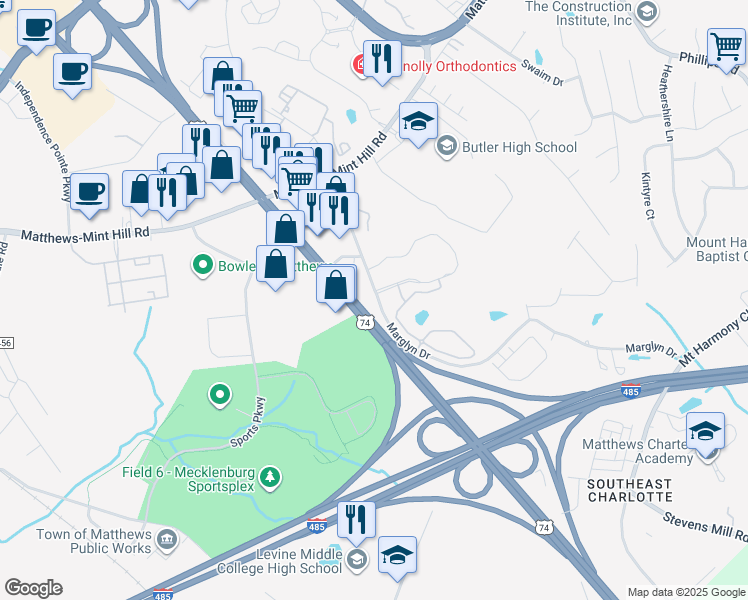 map of restaurants, bars, coffee shops, grocery stores, and more near 2049 Moore Road in Matthews