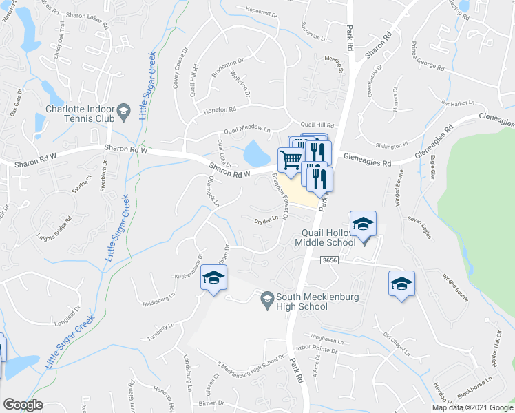 map of restaurants, bars, coffee shops, grocery stores, and more near 2429 Dryden Lane in Charlotte