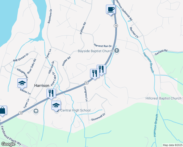 map of restaurants, bars, coffee shops, grocery stores, and more near 5921 Tennessee 58 in Harrison