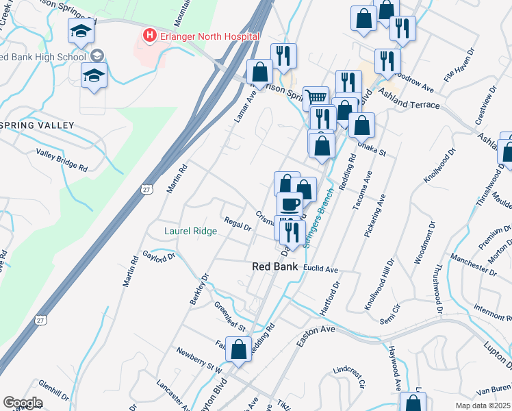 map of restaurants, bars, coffee shops, grocery stores, and more near 3520 Berkley Drive in Chattanooga
